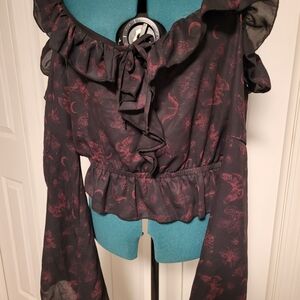 Black and Red Ruffle Moth COSMIC aura Women's Off Shoulder